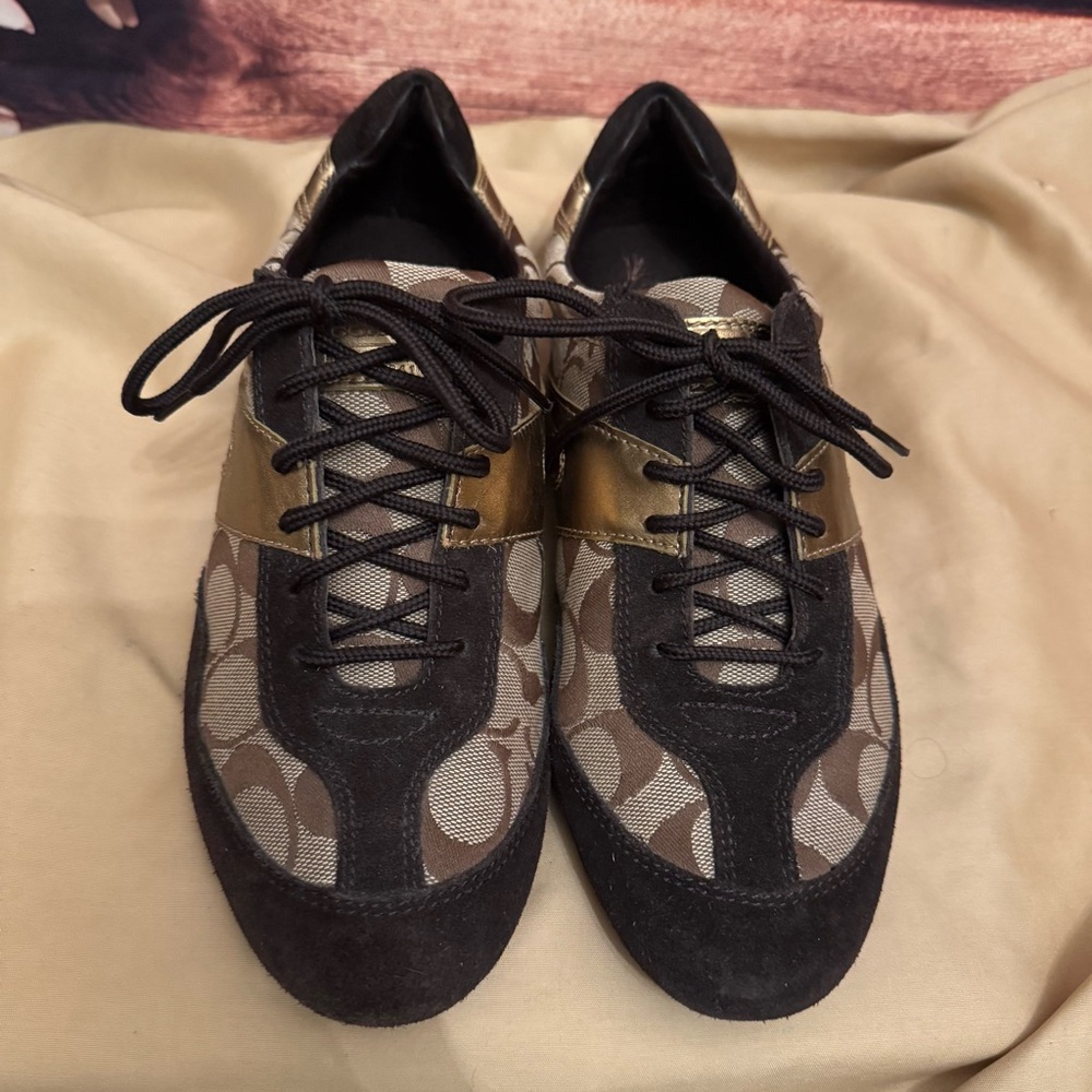 Coach Brown Signature Monogram Lace-Up Sneakers with Black Suede